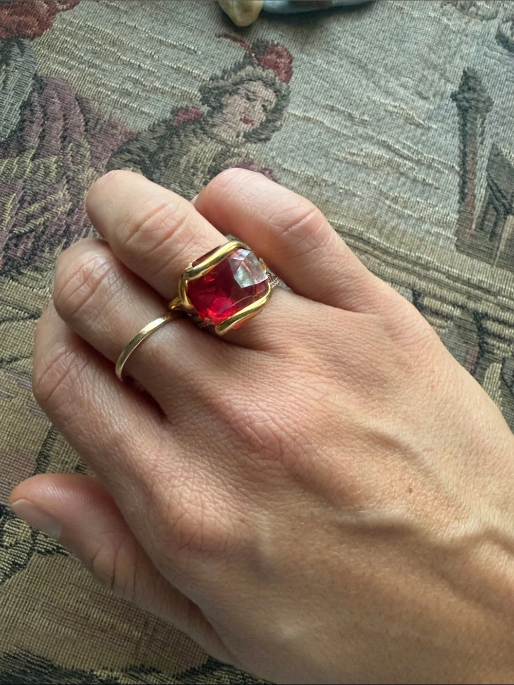 Gold-Plated Ring with Deep Red Cushion Stone